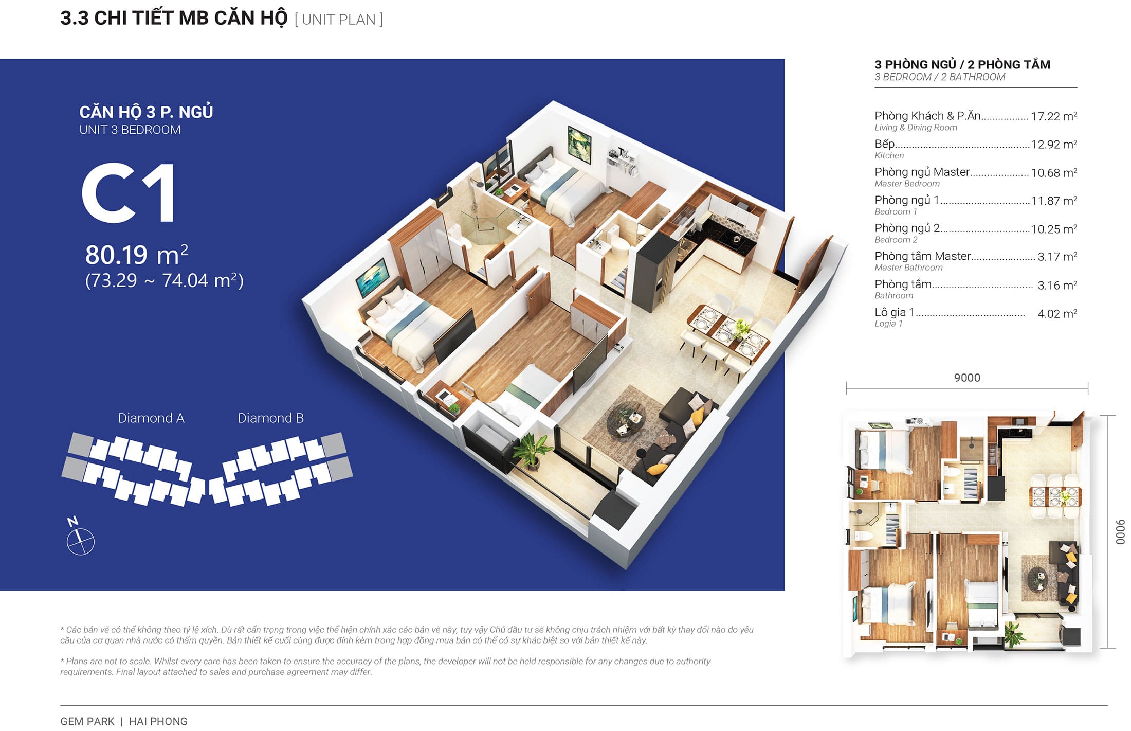 Layout thiết kế căn hộ 3 phòng ngủ 80m2, loại C1, tòa Diamond A dự án Gem Park Hải Phòng.