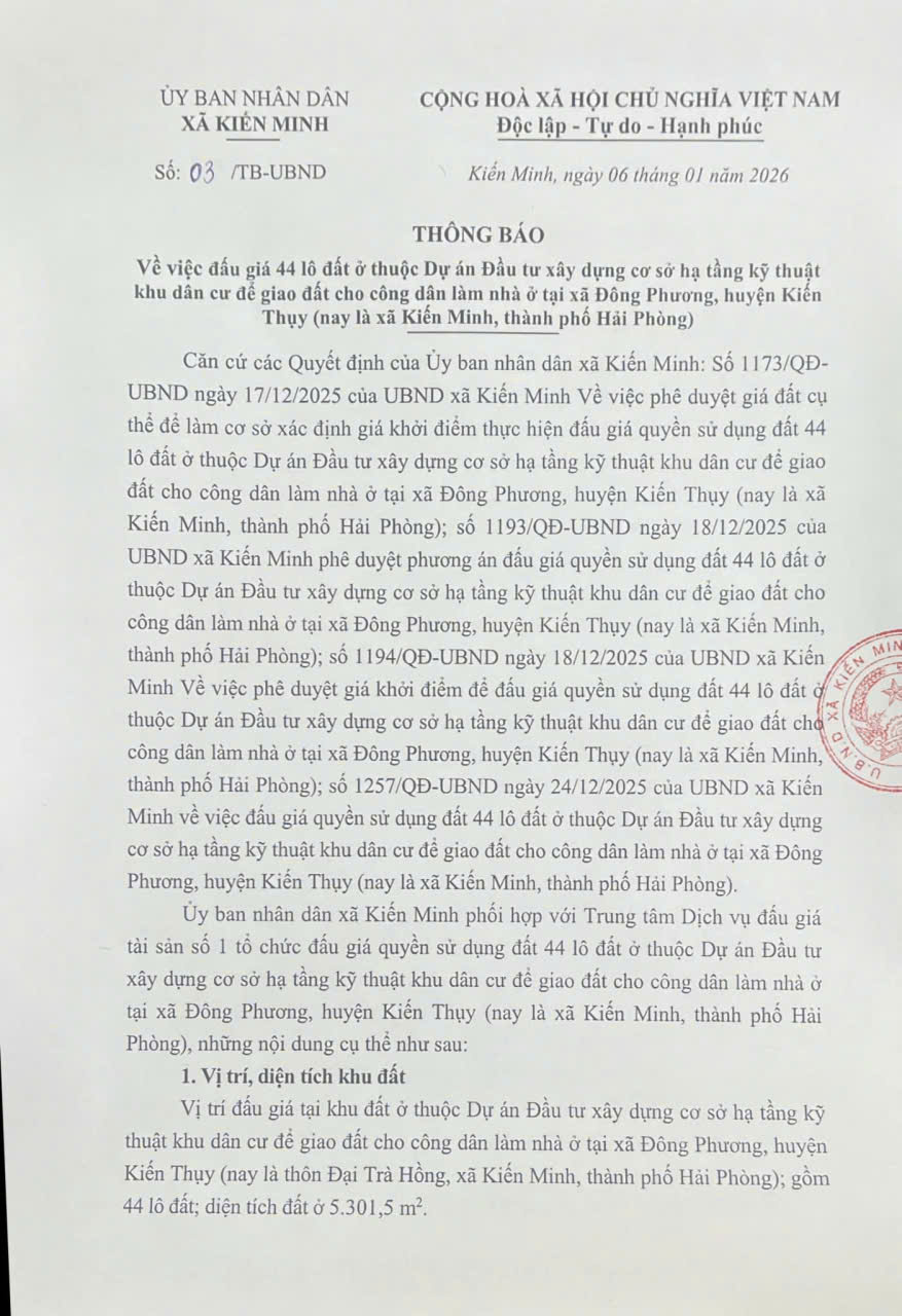 Thông Báo Đấu Giá 44 Lô Đất Tại Xã Kiến Minh Đông Phương