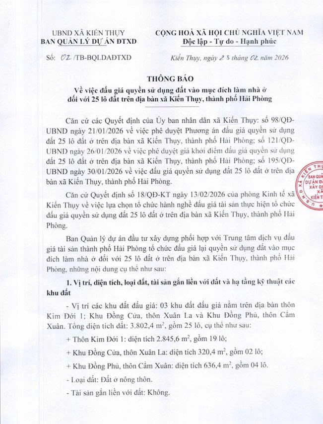 Thông Báo Đấu Giá 25 Lô Đất Tại Kiến Thụy Hải Phòng Năm 2026 Giá Khởi Điểm Từ 6.4 Triệu/m²